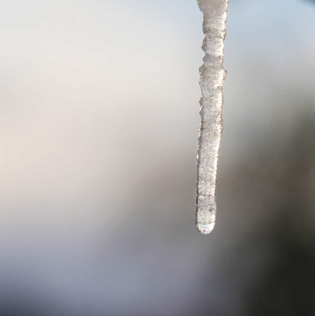 Glaçon suspendu en gros plan sur fond blanc lumineux, atmosphère hivernale et minimaliste.